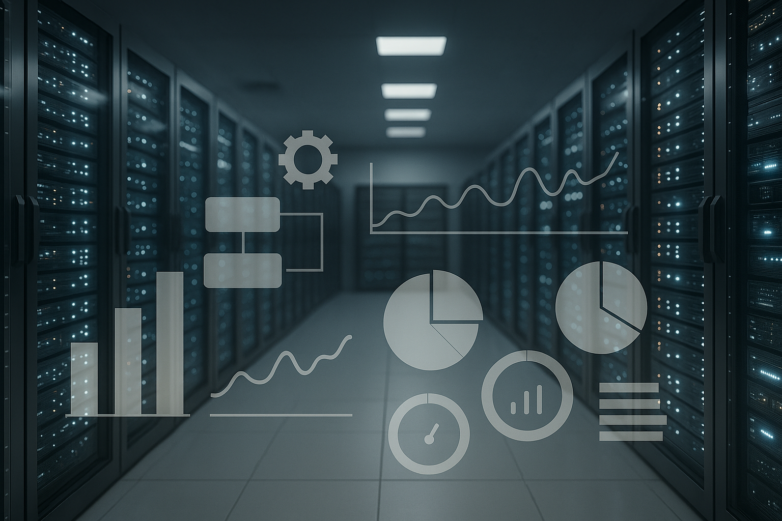 Salle de serveurs moderne avec visualisation des indicateurs de processus et de ressources