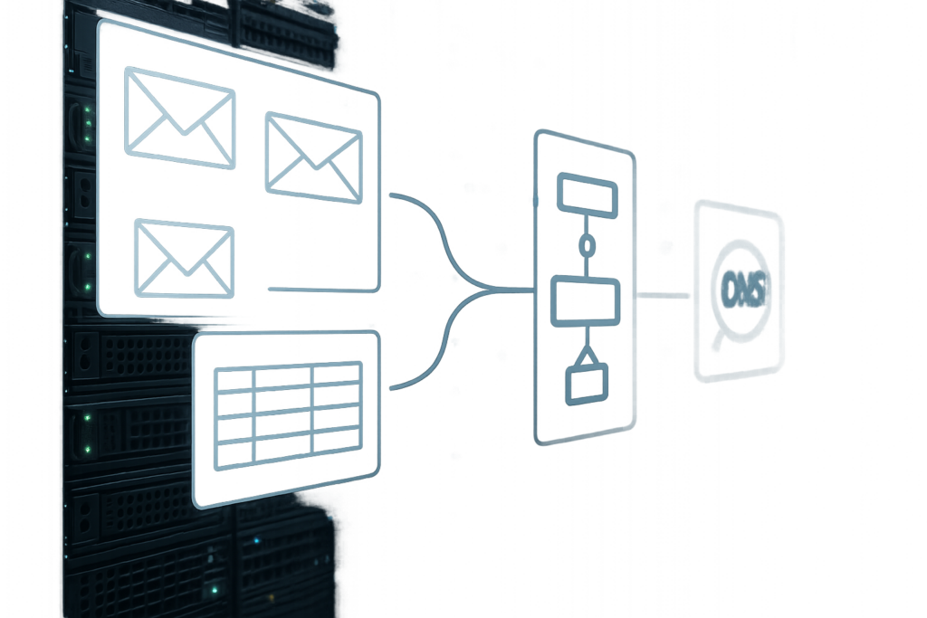 Racks de serveurs dans le centre de données avec icônes pour les recherches SPF et DNS