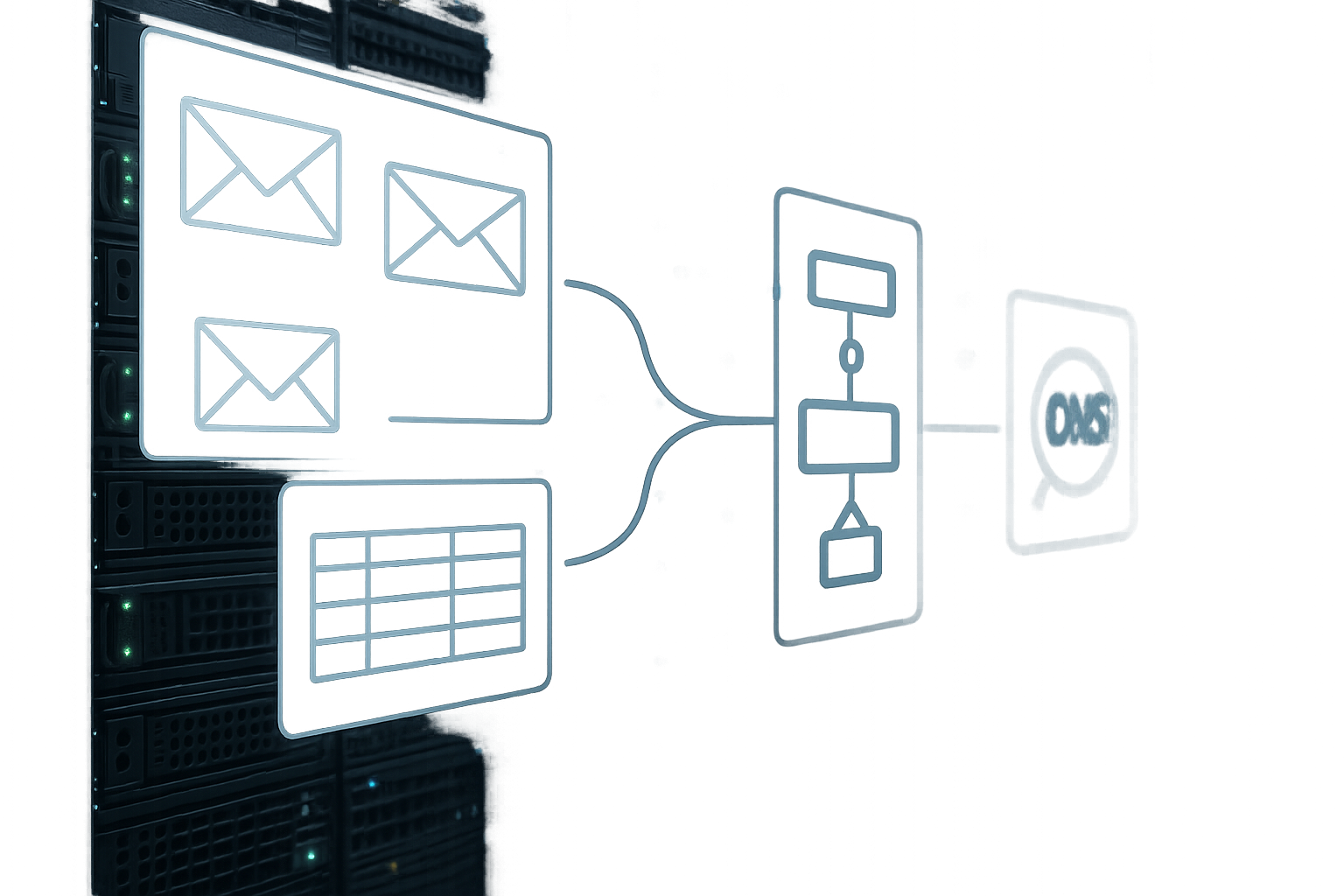 Racks de serveurs dans le centre de données avec icônes pour les recherches SPF et DNS