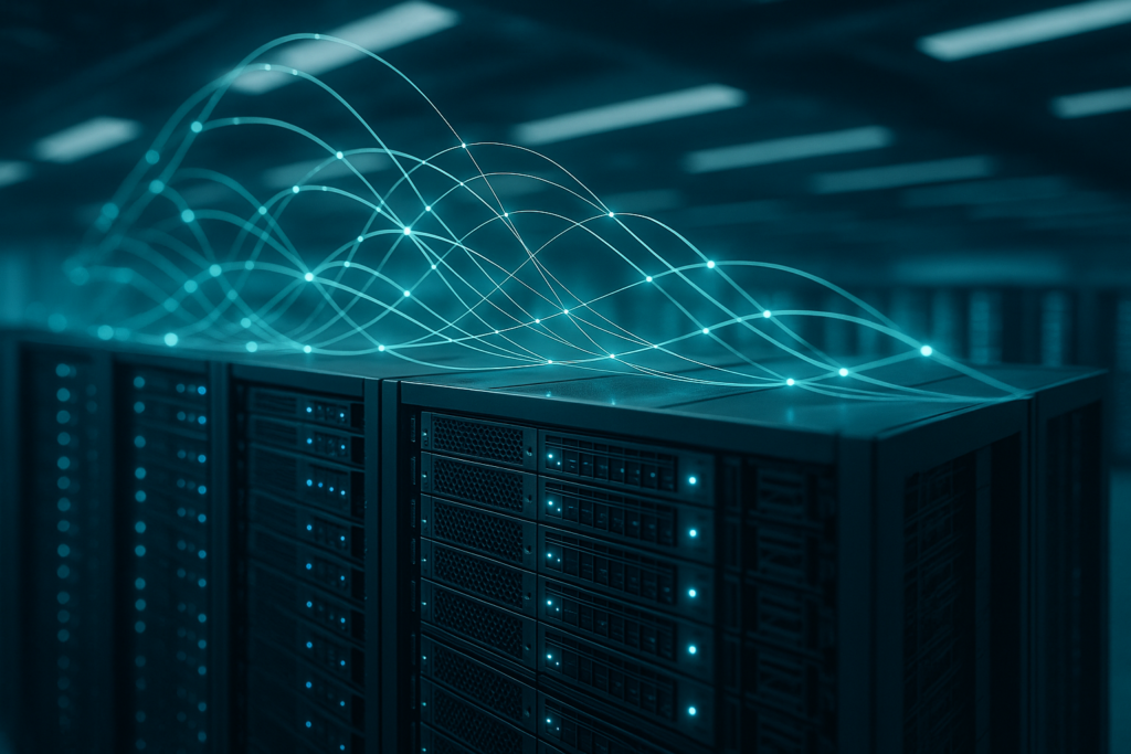 Rack de serveurs dans le centre de données avec flux de données TLS visualisés pour des connexions HTTPS rapides