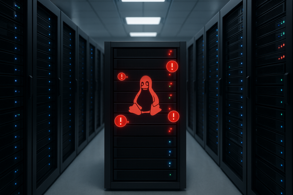 Serveur d'hébergement mutualisé présentant une faille de sécurité « Copy Fail » dans le noyau Linux au sein du centre de données