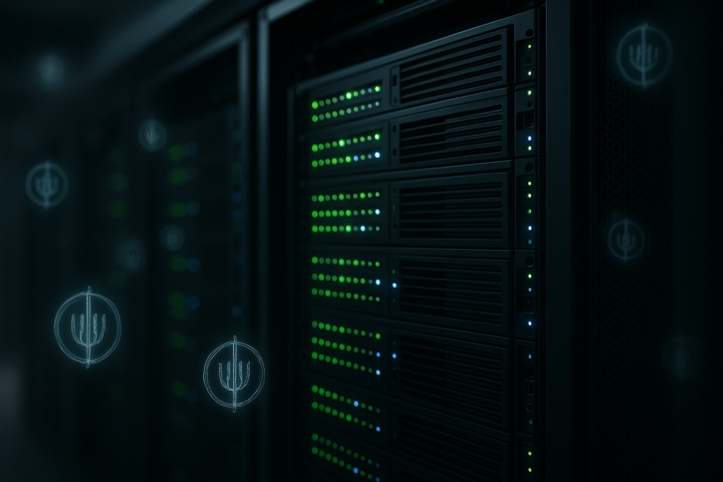 Rack de serveurs photoréaliste dans un centre de données moderne, sur le thème des versions de noyau dans l'hébergement