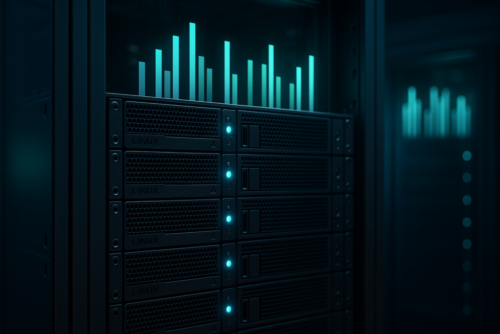 Rack de serveurs équipé de systèmes Linux et affichant l'utilisation de la mémoire