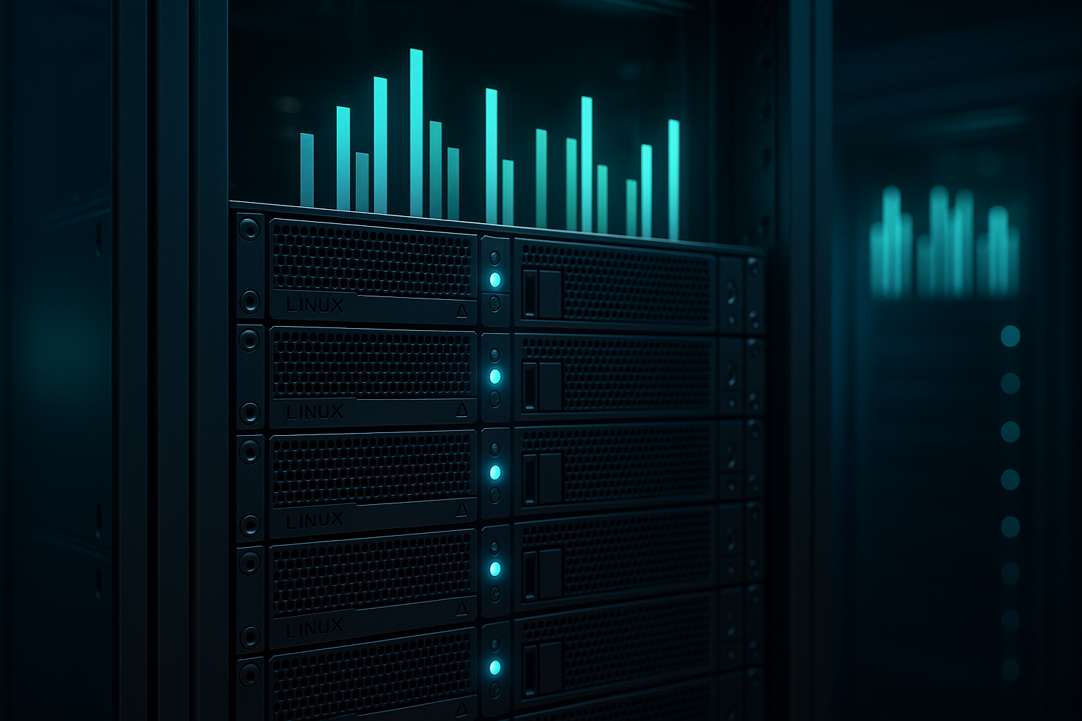 Rack de serveurs équipé de systèmes Linux et affichant l'utilisation de la mémoire
