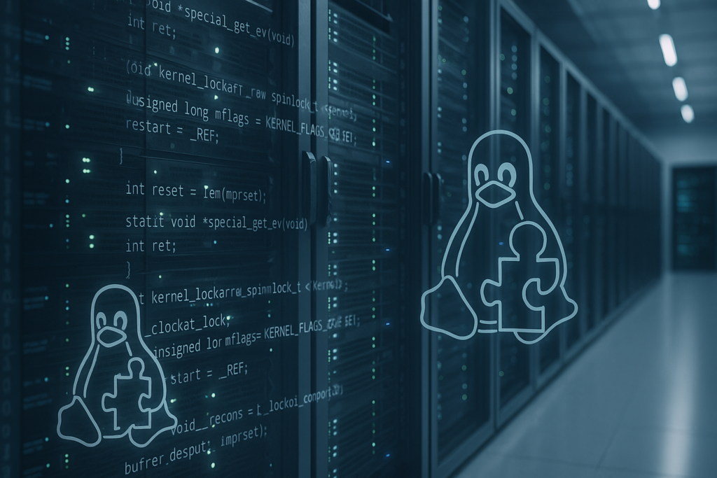 Centre de données moderne équipé de serveurs Linux et d'un système de correction en temps réel du noyau avec visualisation