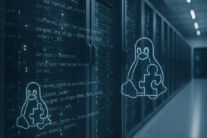 Centre de données moderne équipé de serveurs Linux et d'un système de correction en temps réel du noyau avec visualisation