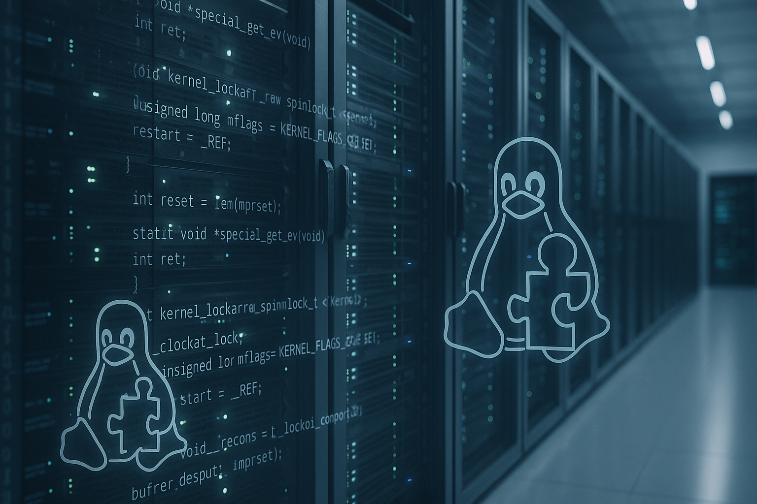 Centre de données moderne équipé de serveurs Linux et d'un système de correction en temps réel du noyau avec visualisation