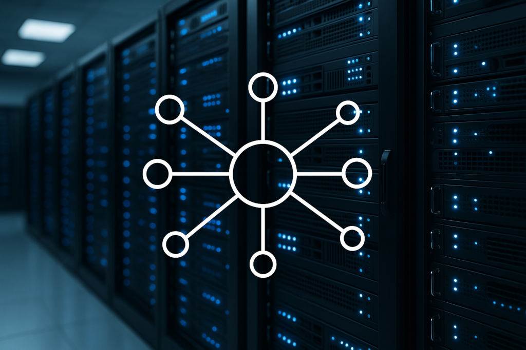 Salle de serveurs moderne avec visualisation d'un cluster Redis distribué