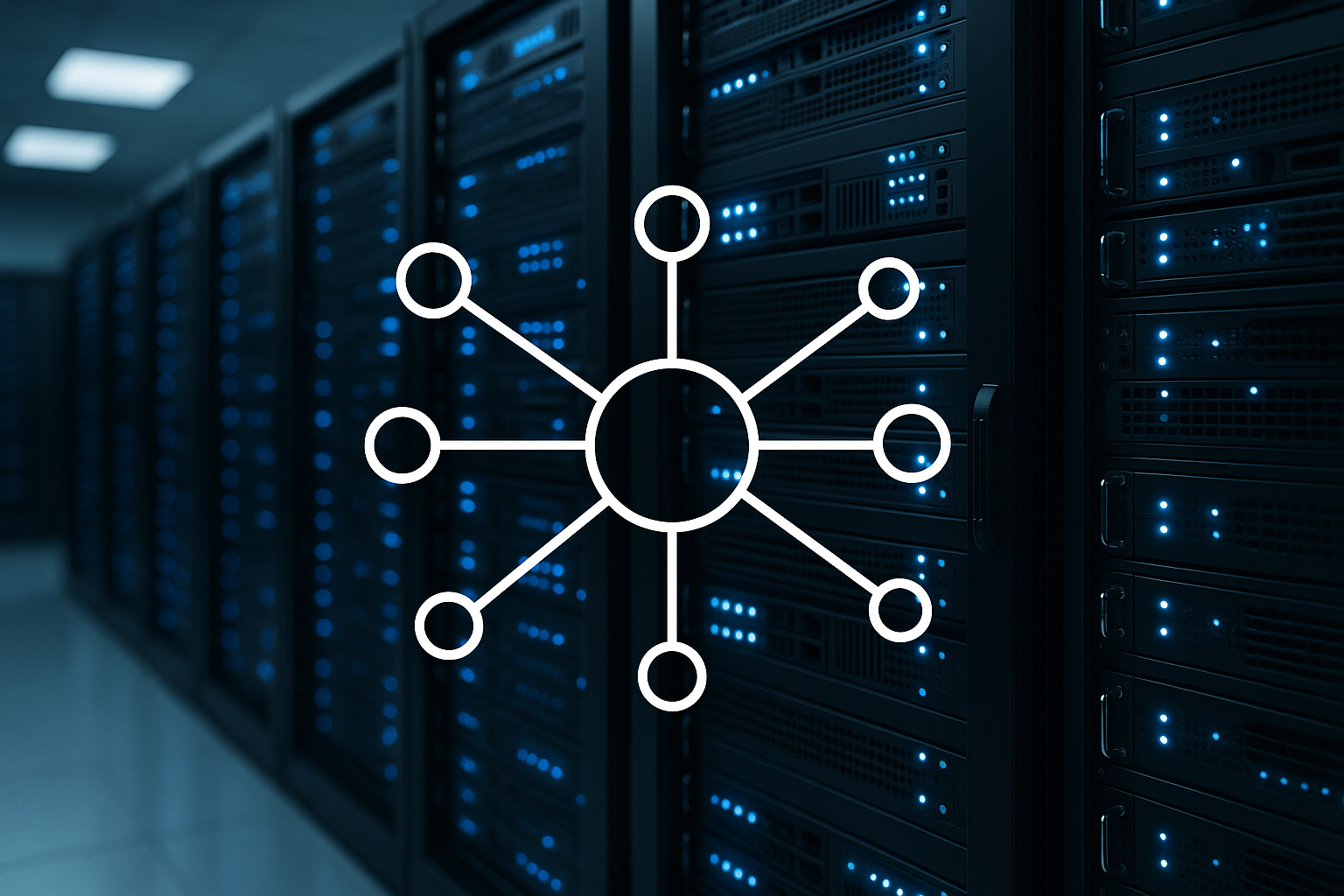 Salle de serveurs moderne avec visualisation d'un cluster Redis distribué