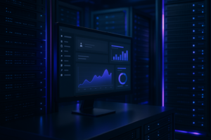 Illustration photoréaliste illustrant l'optimisation WordPress côté serveur, avec un écran dans un centre de données
