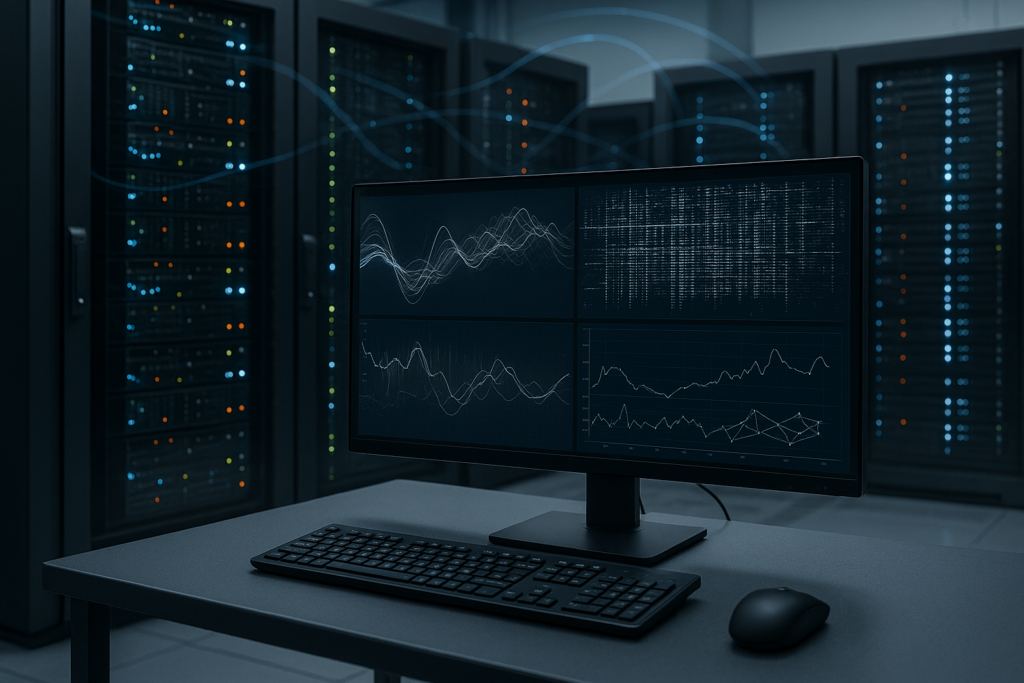 Centre de données équipé de baies de serveurs et d'un écran de surveillance pour les analyses bpftrace