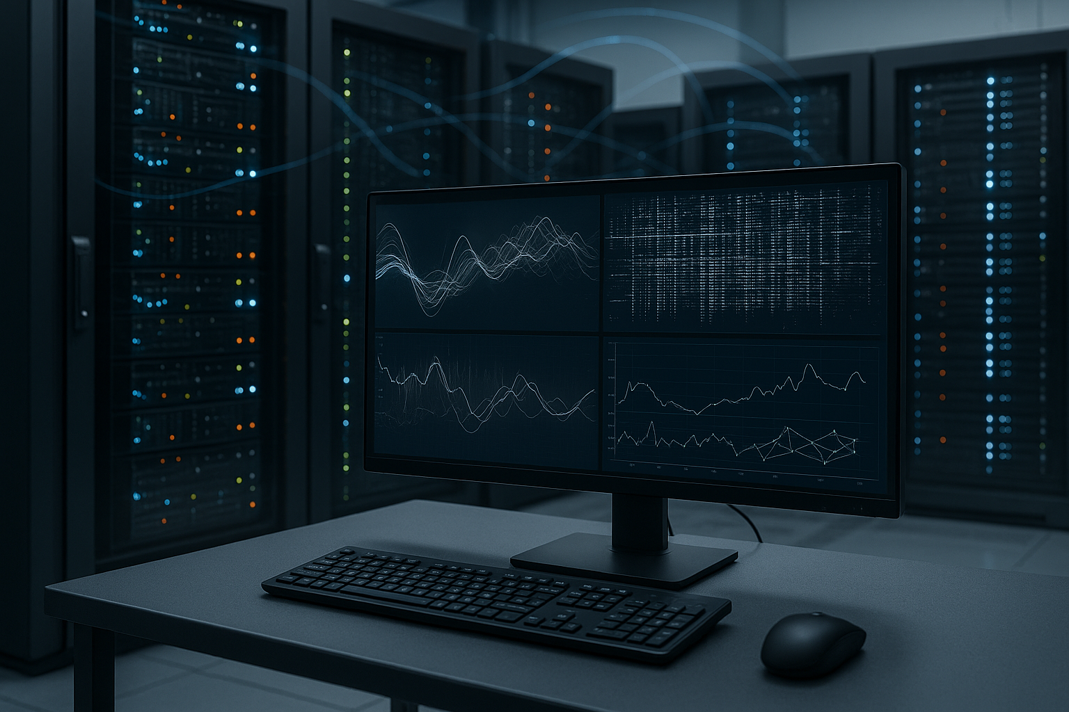 Centre de données équipé de baies de serveurs et d'un écran de surveillance pour les analyses bpftrace