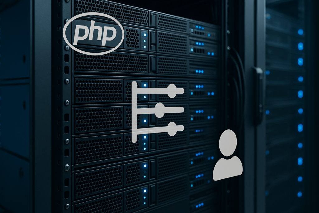 Rack de serveurs avec hébergement CloudLinux et PHP Selector dans un centre de données moderne