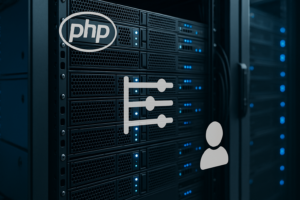 Rack de serveurs avec hébergement CloudLinux et PHP Selector dans un centre de données moderne