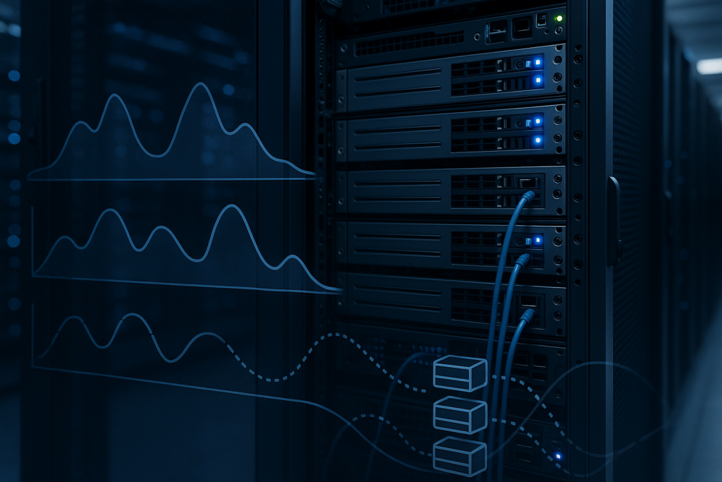 Centre de données équipé de serveurs Linux et de graphiques de performances abstraits destinés à l'analyse eBPF