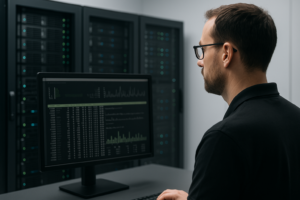 Un administrateur analyse la charge des disques durs sur un serveur Linux dans le terminal