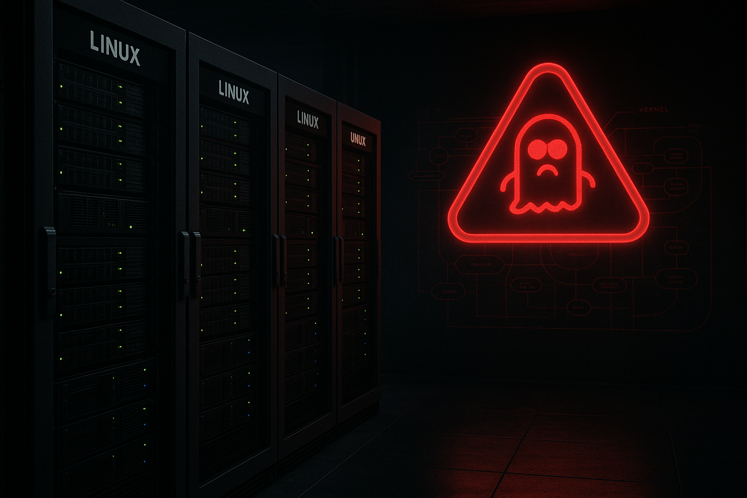 Salle des serveurs équipée de serveurs Linux et affichant une icône d'alerte concernant la faille de sécurité du noyau GhostLock