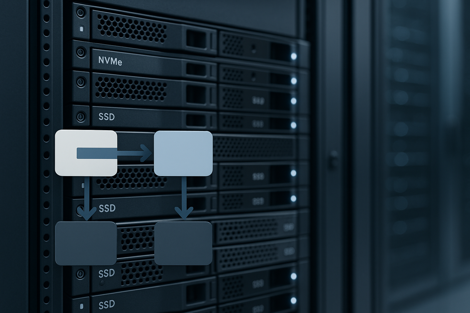 Centre de données équipé de serveurs de bases de données et de stockage NVMe, présenté sous forme de concept pour un tampon d'écriture double InnoDB sécurisé
