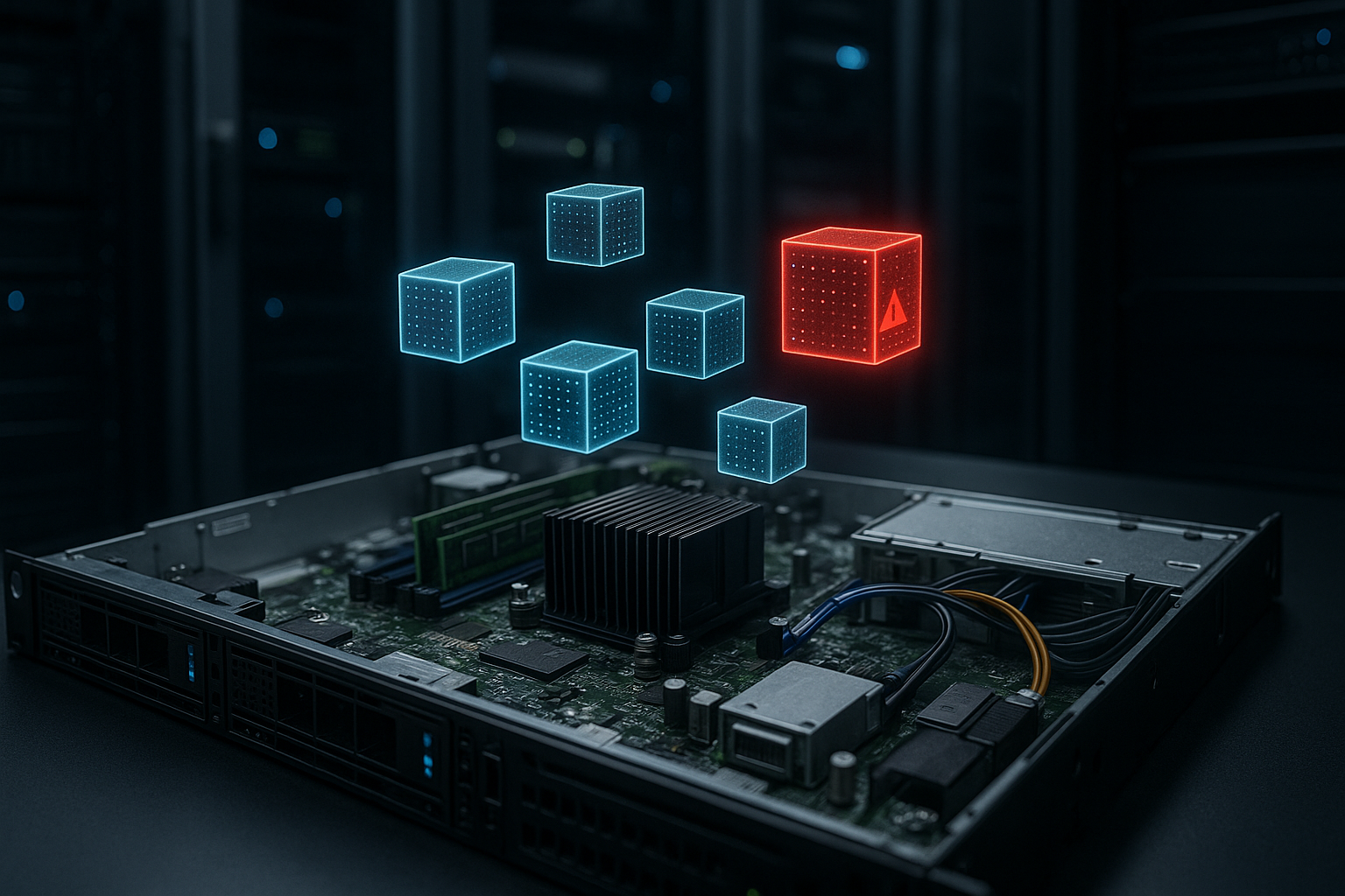 Représentation photoréaliste d'un serveur Linux avec des modules de noyau abstraits et un avertissement de sécurité