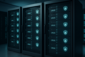 Rack de serveurs photoréaliste axé sur l'administration sécurisée de Linux