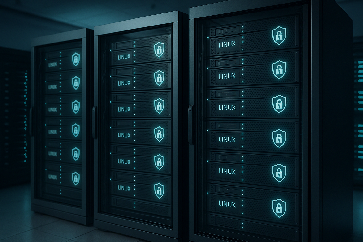 Rack de serveurs photoréaliste axé sur l'administration sécurisée de Linux