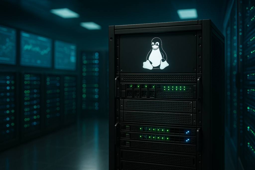 Serveur Linux photoréaliste dans un centre de données, axé sur l'application de correctifs en temps réel