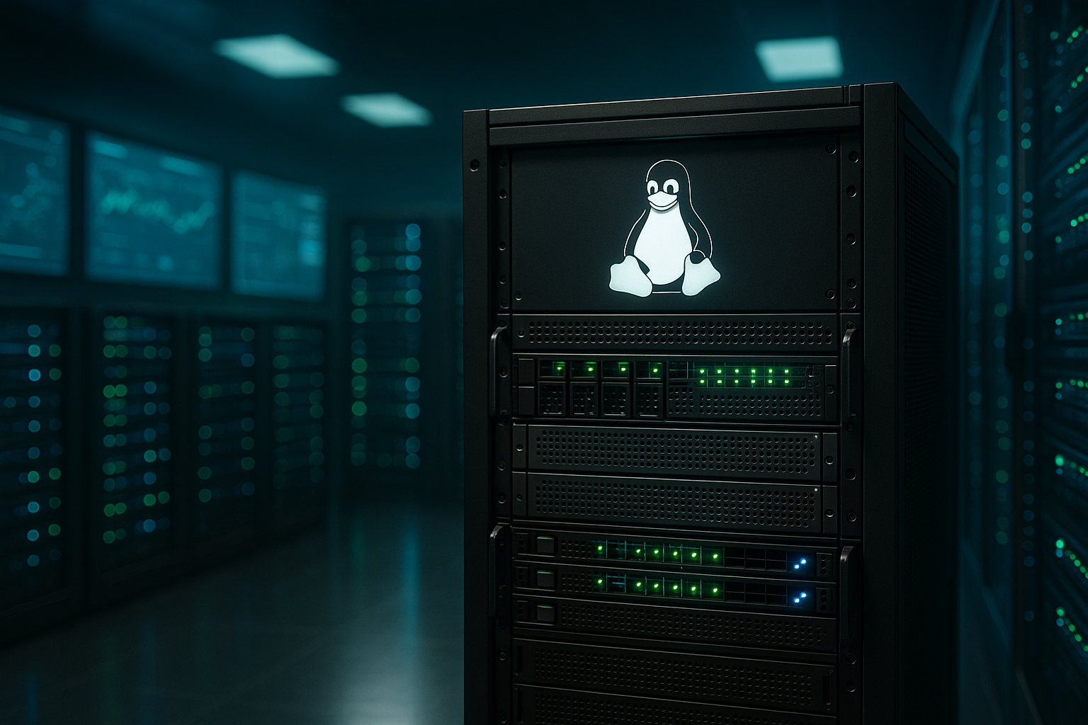 Serveur Linux photoréaliste dans un centre de données, axé sur l'application de correctifs en temps réel