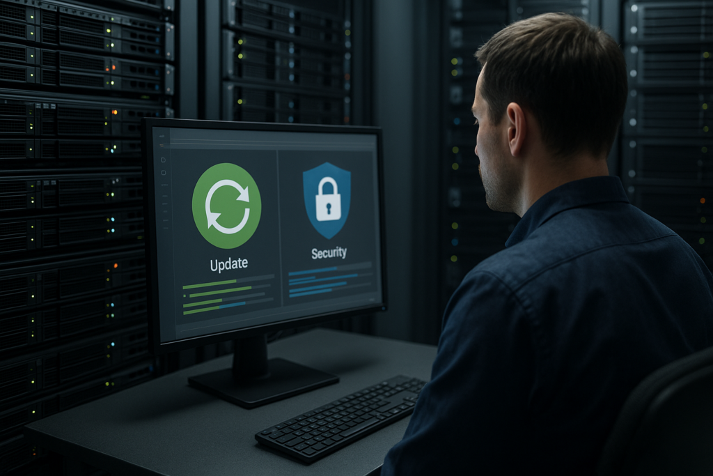 Administrateur informatique dans un centre de données, devant des serveurs en rack affichant l'état « Live Patching »