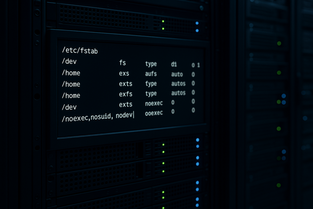 Serveur Linux sécurisé avec des options de montage sécurisées du système de fichiers dans le centre de données