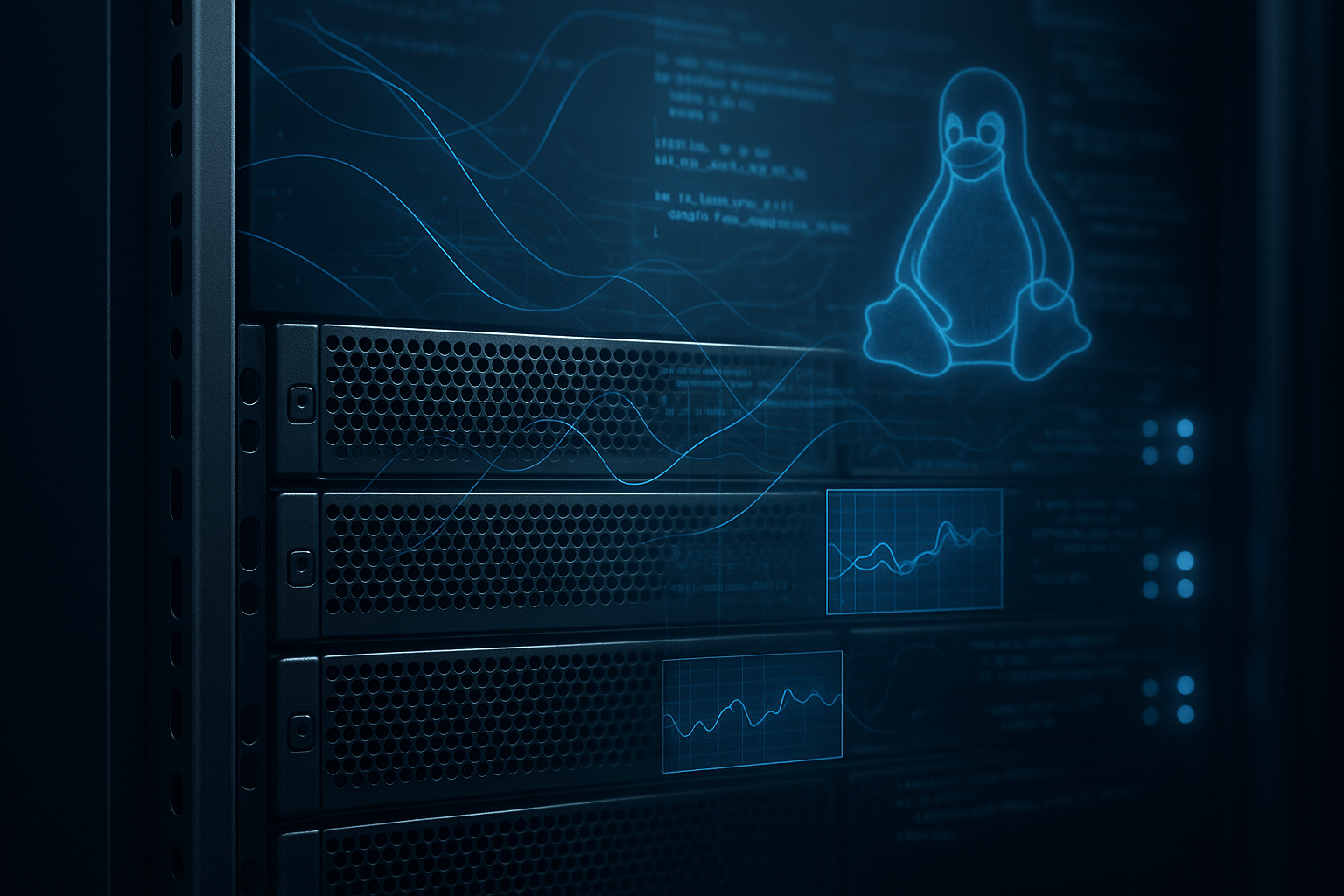 Rack de serveurs équipé de systèmes Linux et visualisation de l'analyse du noyau eBPF