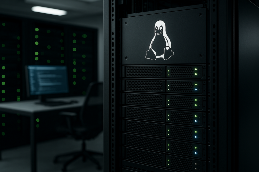 Serveur Linux moderne dans un centre de données, axé sur l'application de correctifs à chaud sans redémarrage