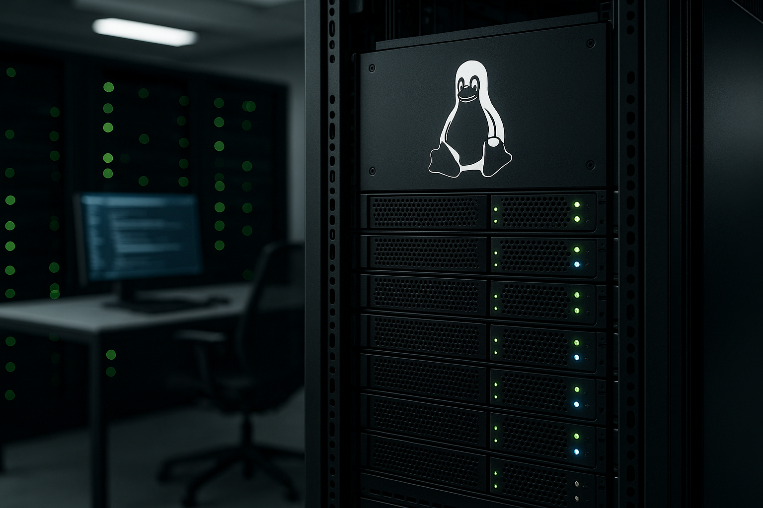 Serveur Linux moderne dans un centre de données, axé sur l'application de correctifs à chaud sans redémarrage