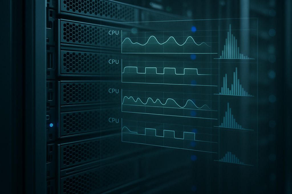Serveur Linux avec planification des tâches CPU et graphiques de latence dans le centre de données