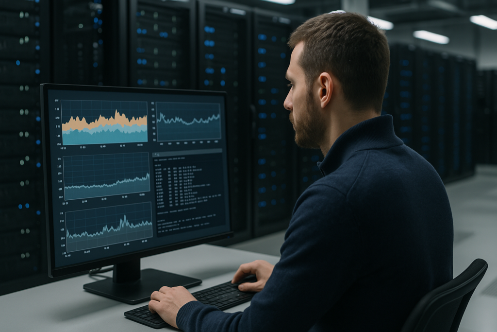 Un administrateur Linux analyse les performances historiques des serveurs dans un centre de données