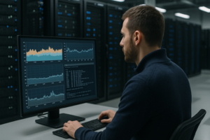 Un administrateur Linux analyse les performances historiques des serveurs dans un centre de données