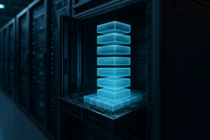 Rack de serveurs dans un centre de données avec gestion visualisée du stockage sous Linux et structures Slab