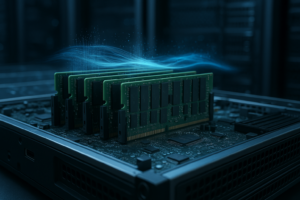 Serveur Linux équipé de modules de mémoire et d'un cache de pages visualisé dans un centre de données moderne