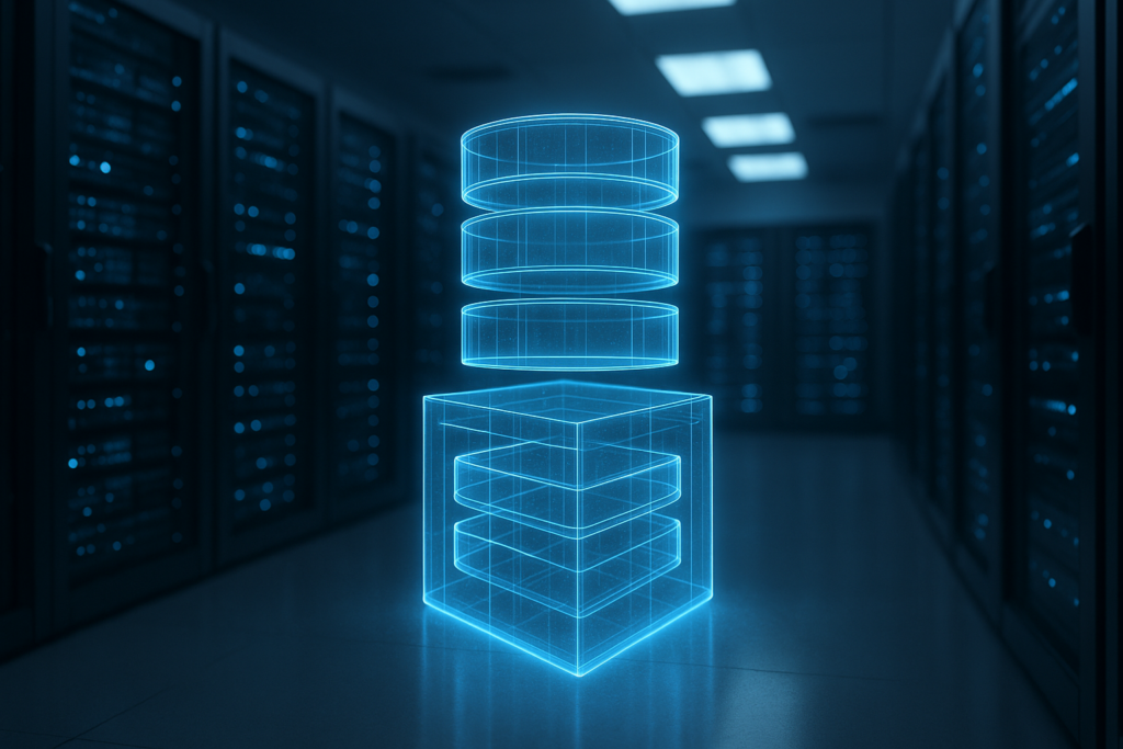 Image photoréaliste d'une salle de serveurs illustrant le moteur de stockage MariaDB Aria dans le domaine de l'hébergement