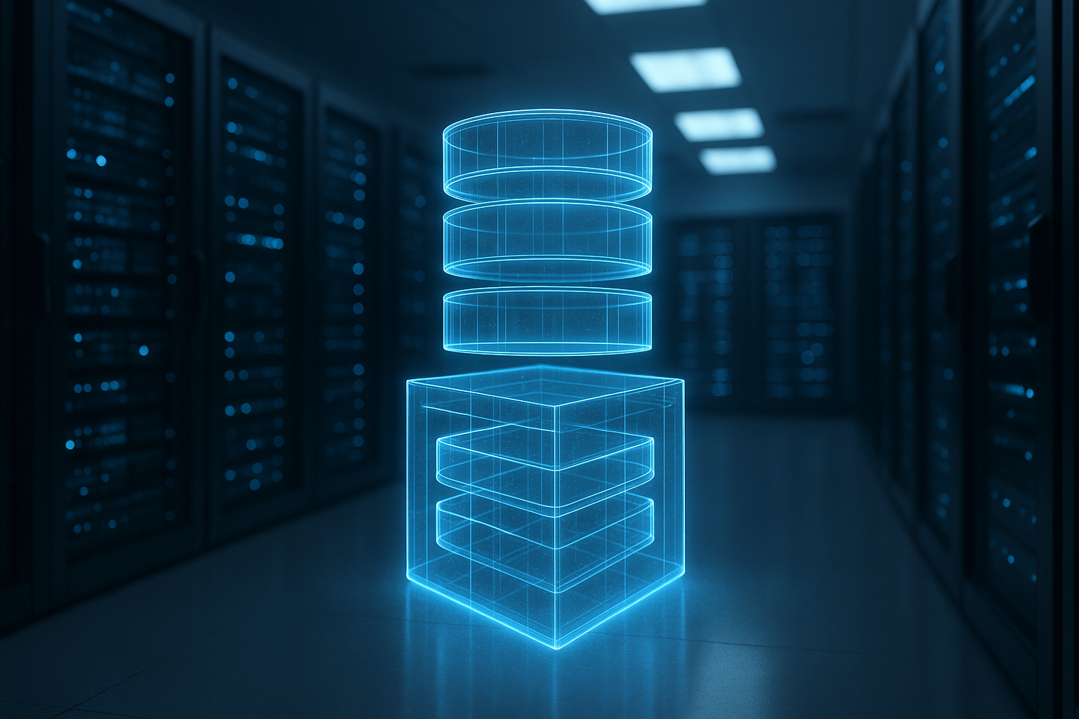 Image photoréaliste d'une salle de serveurs illustrant le moteur de stockage MariaDB Aria dans le domaine de l'hébergement