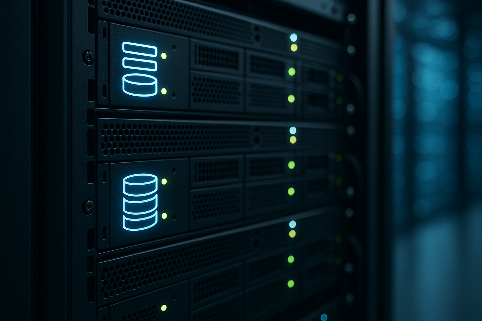 Plusieurs serveurs de base de données MariaDB dans un centre de données moderne équipé d'indicateurs d'état lumineux