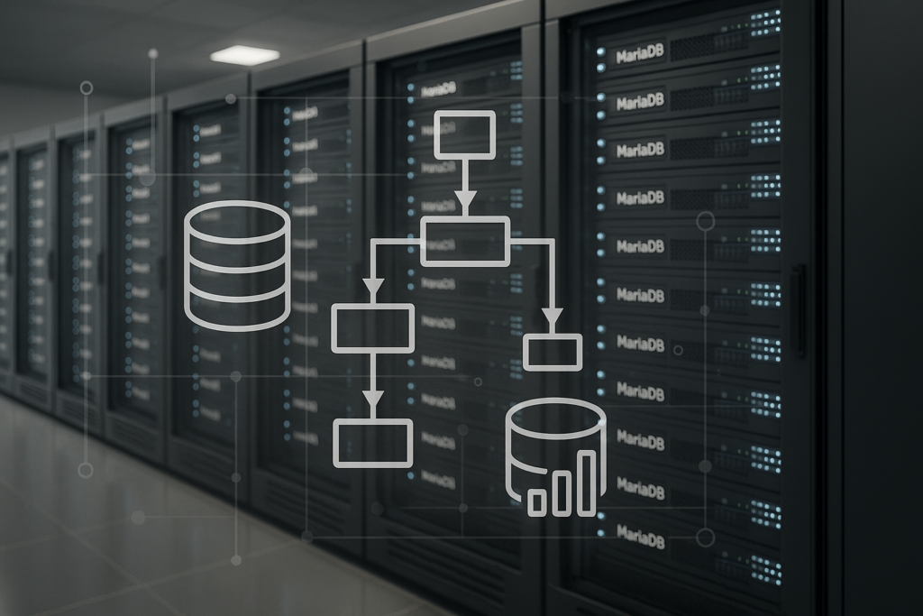 Des racks de serveurs modernes, avec au premier plan des serveurs de base de données MariaDB et des diagrammes abstraits d'optimisation des requêtes