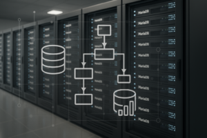 Des racks de serveurs modernes, avec au premier plan des serveurs de base de données MariaDB et des diagrammes abstraits d'optimisation des requêtes