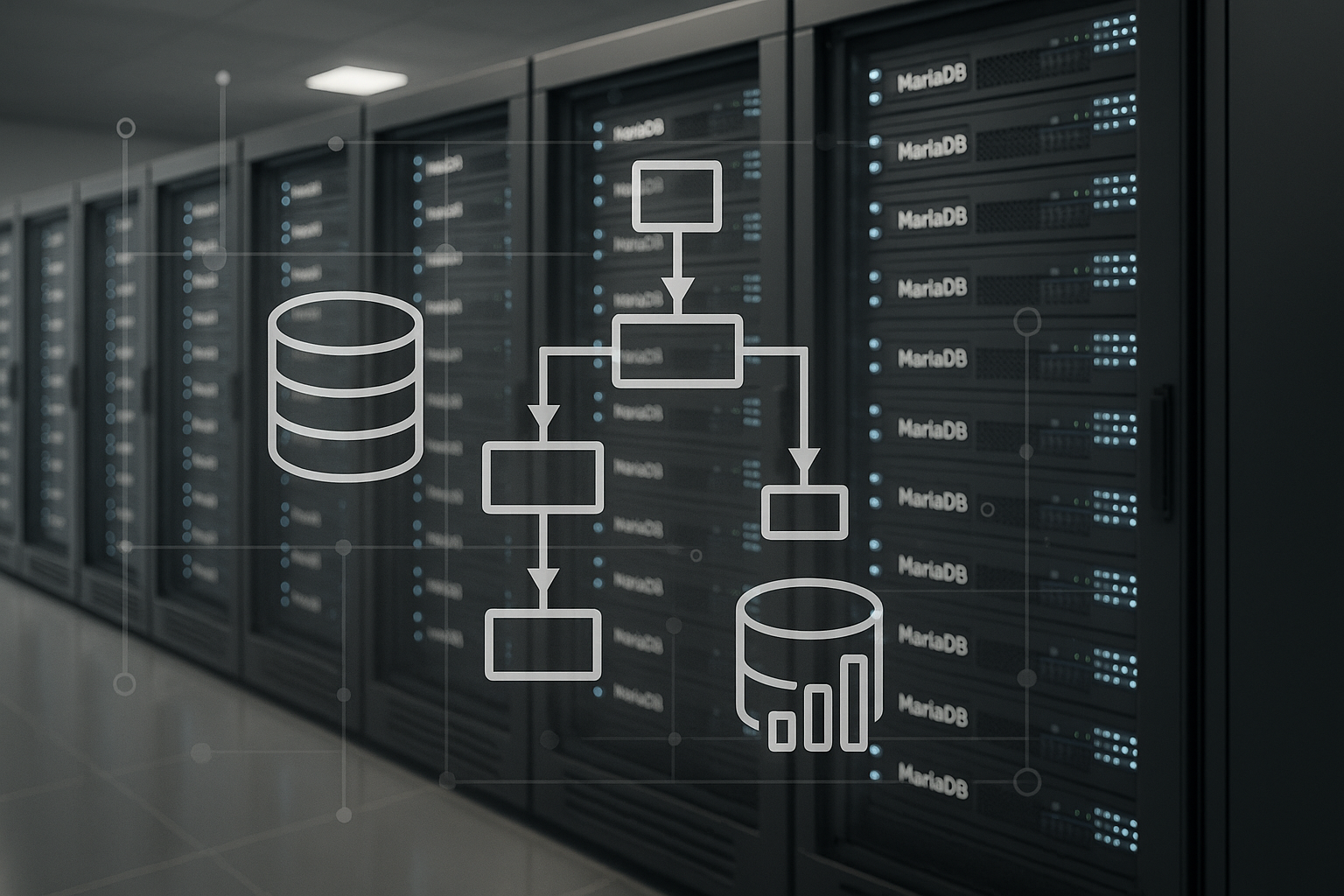 Des racks de serveurs modernes, avec au premier plan des serveurs de base de données MariaDB et des diagrammes abstraits d'optimisation des requêtes