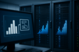 Centre de données avec des baies de serveurs et une visualisation stylisée des données pour l'optimisation des performances de MySQL