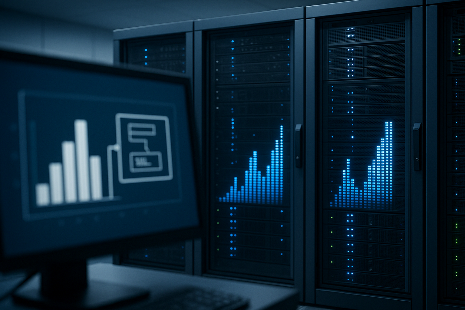 Centre de données avec des baies de serveurs et une visualisation stylisée des données pour l'optimisation des performances de MySQL