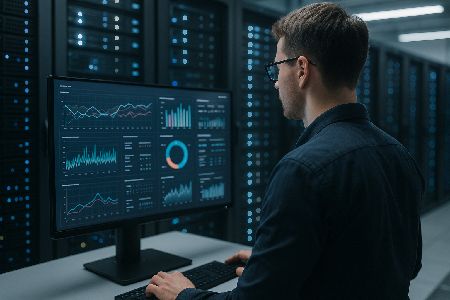 Un administrateur analyse les performances de MySQL dans une salle de serveurs