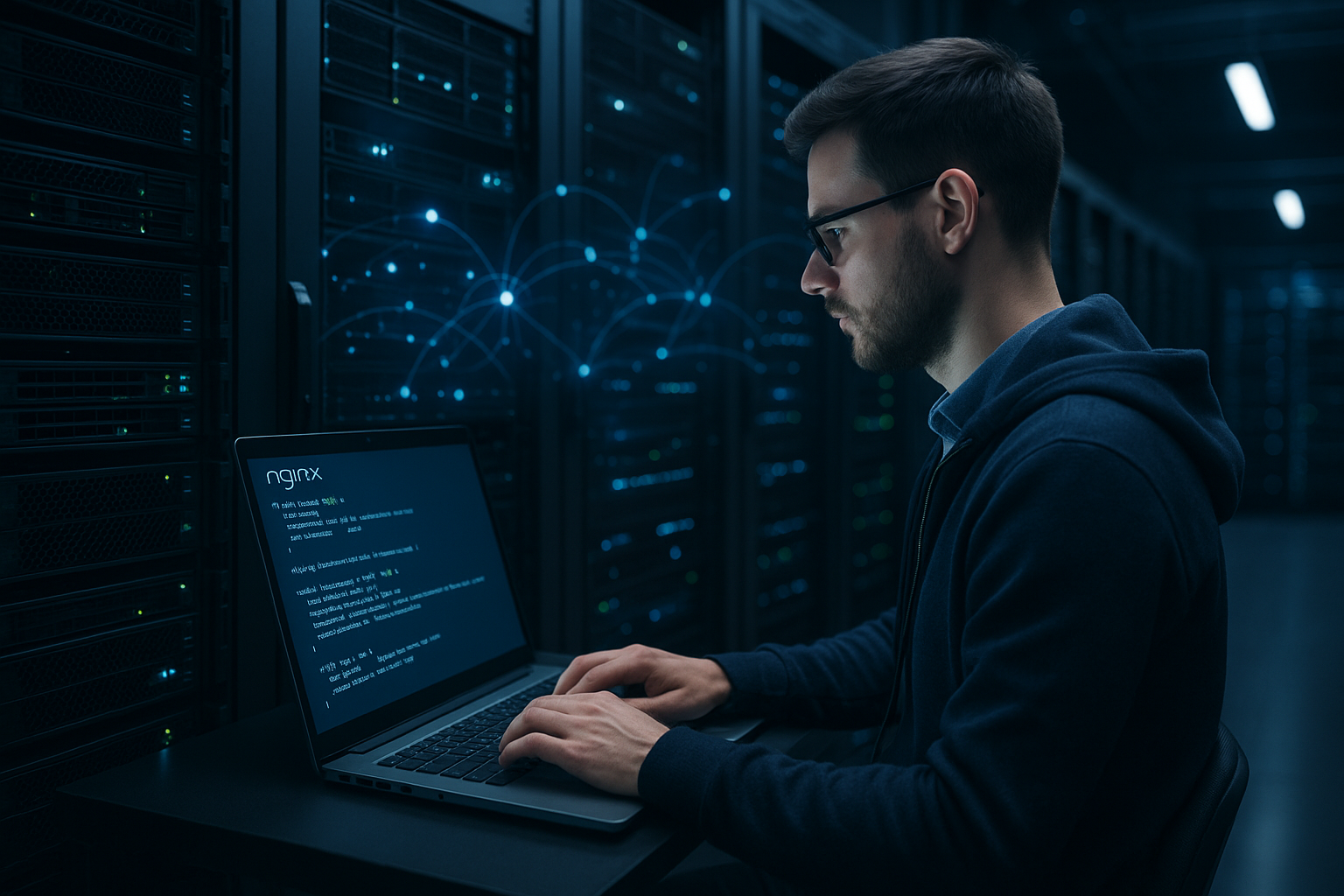 Représentation photoréaliste d'un serveur mettant l'accent sur les performances de NGINX