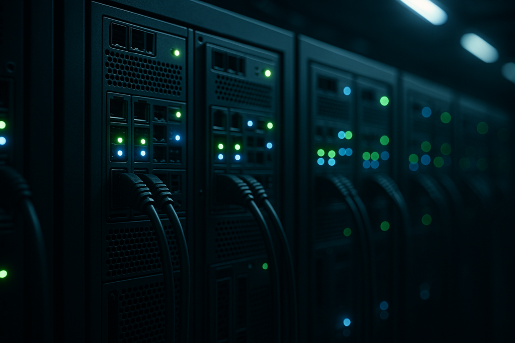 Rack de serveurs hébergeant des serveurs Linux en fonctionnement et un système de surveillance au sein du centre de données
