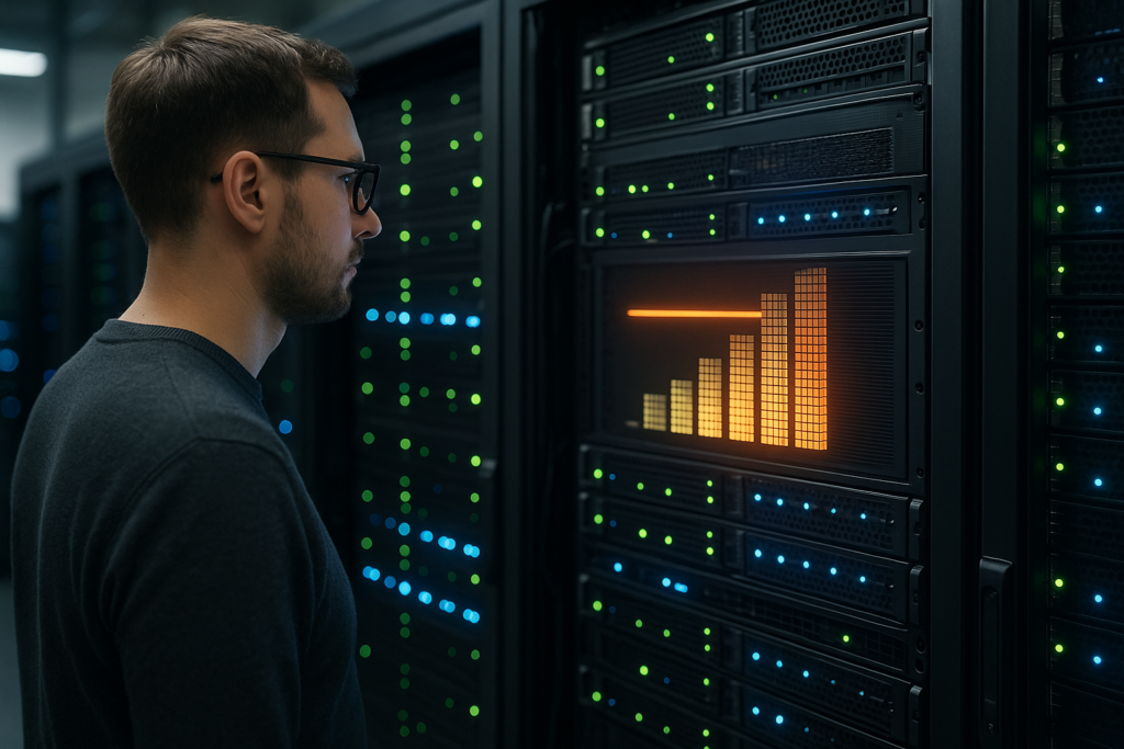 Un administrateur surveille la charge de stockage dans une salle de serveurs moderne