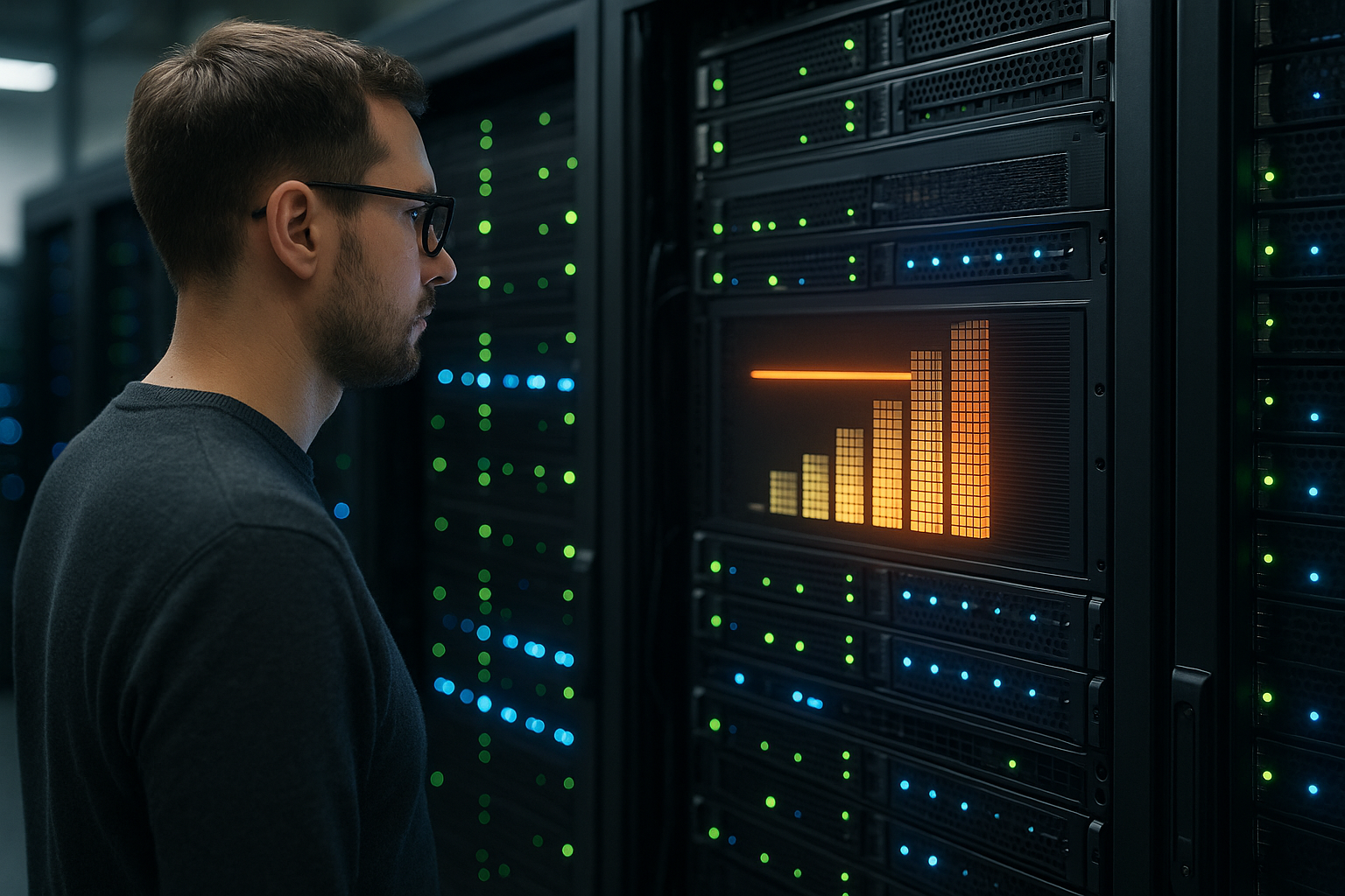 Un administrateur surveille la charge de stockage dans une salle de serveurs moderne